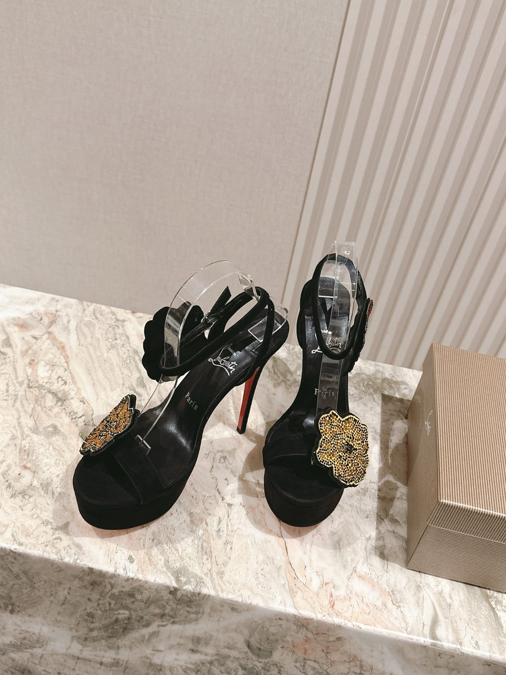 BEADED FLORAL EMBELLISHED STRAPPY SANDALS 135MM IN BLACK VELVET MIX CALFSKIN