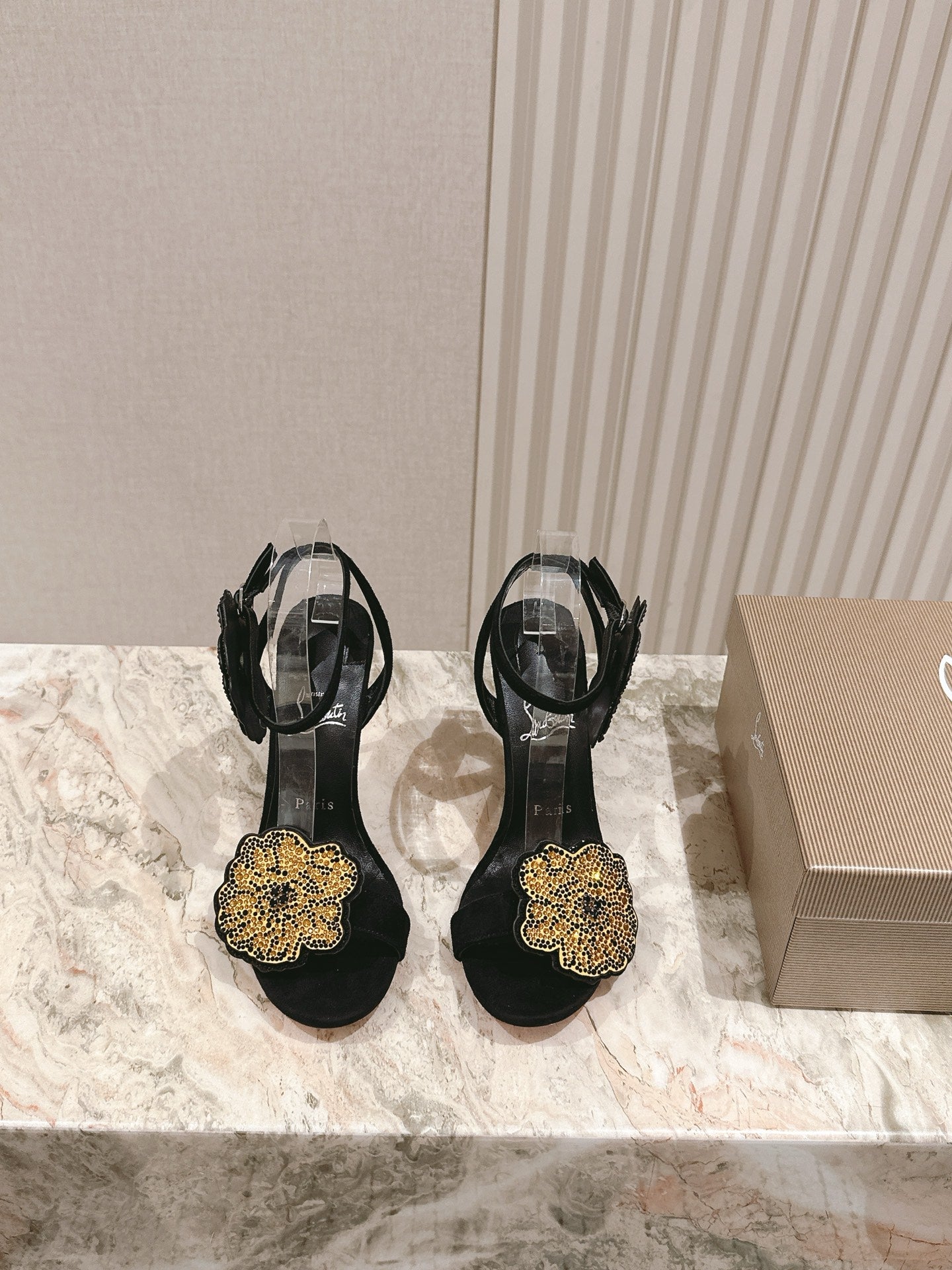 BEADED FLORAL EMBELLISHED SANDALS 135MM IN BLACK VELVET MIX CALFSKIN