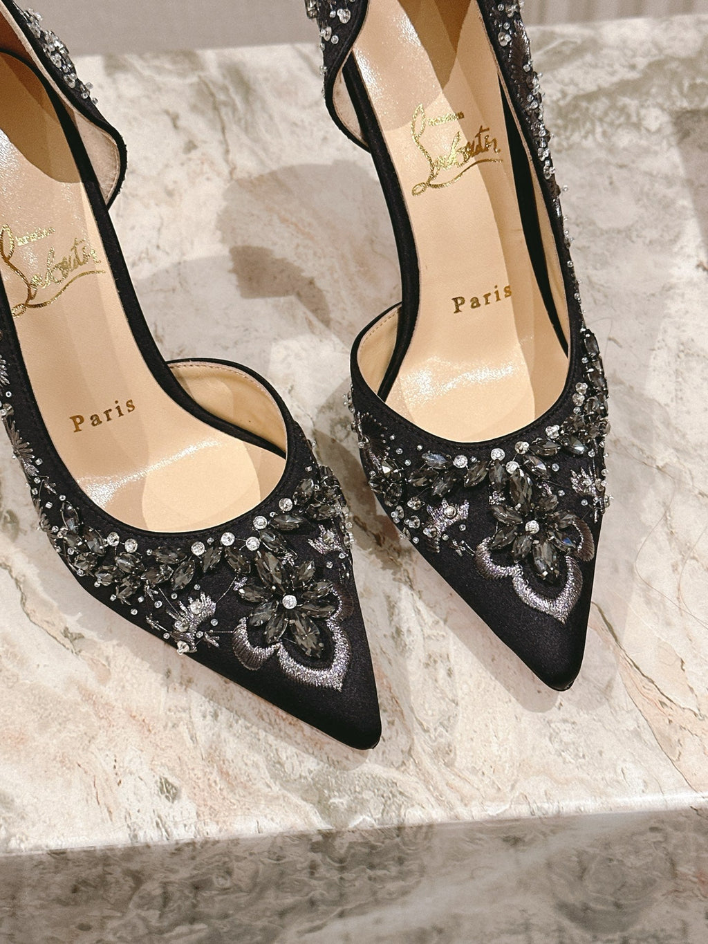 EMBROIDERED GLITTER IRIZA PUMPS 105MM IN BLACK SATIN