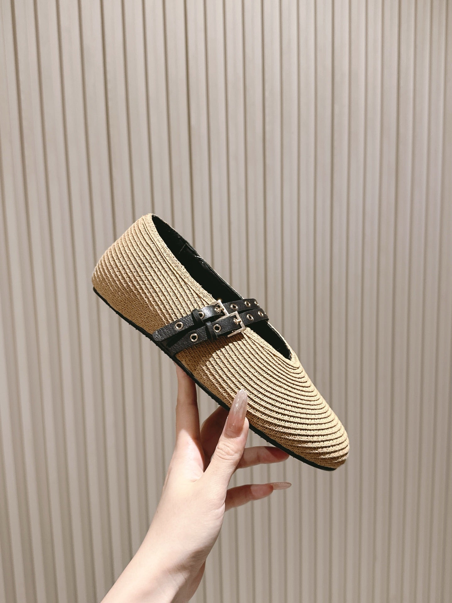 ALAIA MARY JANE 25S IN BEIGE RAFFIA AND BLACK LAMBSKIN WITH SILVER HARDWARE