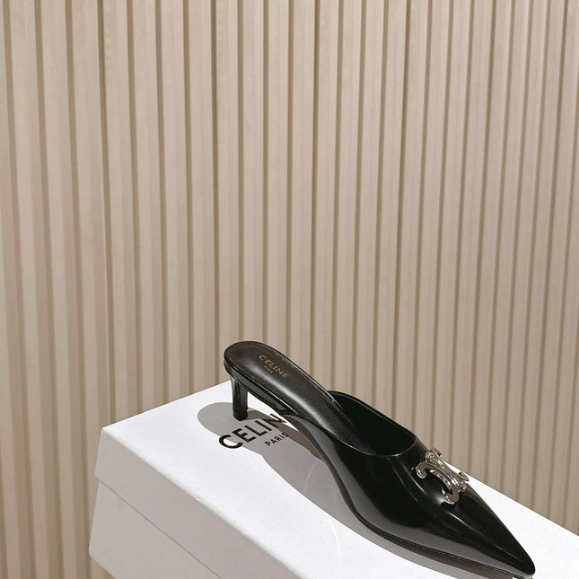 CELINE 25S ALMA TRIOMPHE MULE 45MM IN BLACK CALFSKIN SILVER HARDWARE