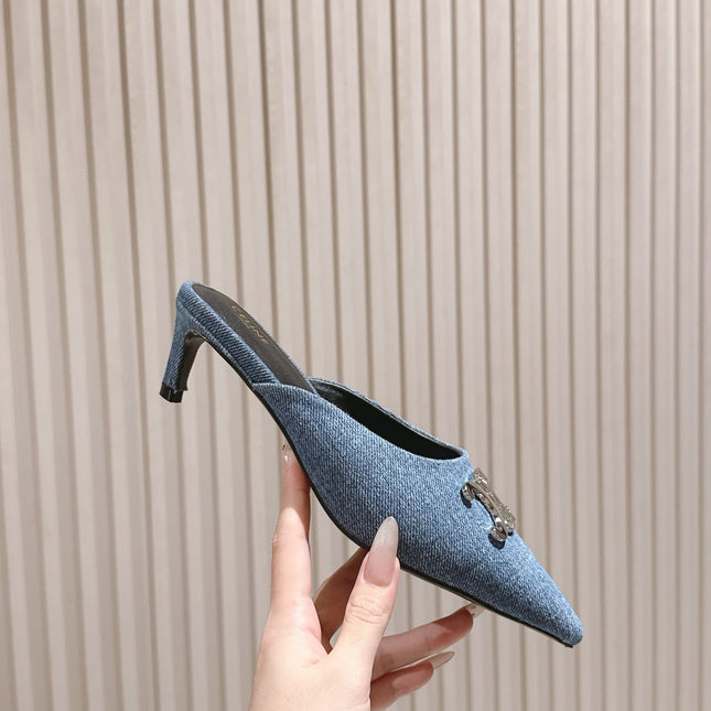 CELINE 25S ALMA TRIOMPHE MULE 45MM IN DENIM SILVER HARDWARE