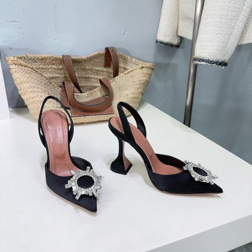 AMINA CRYSTAL HIGH HEELS 100MM IN BLACK SATIN