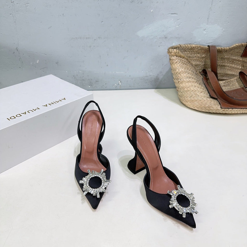 AMINA CRYSTAL HIGH HEELS 100MM IN BLACK SATIN