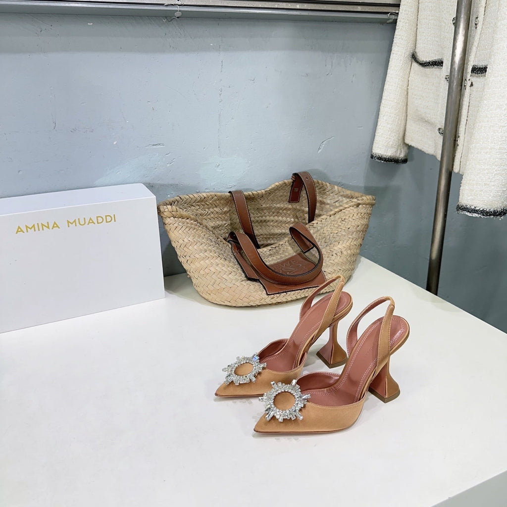 AMINA CRYSTAL HIGH HEELS 100MM IN BROWN SATIN