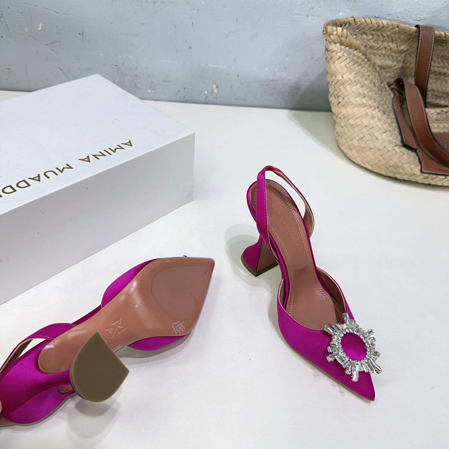 AMINA CRYSTAL HIGH HEELS 100MM IN PINK SATIN