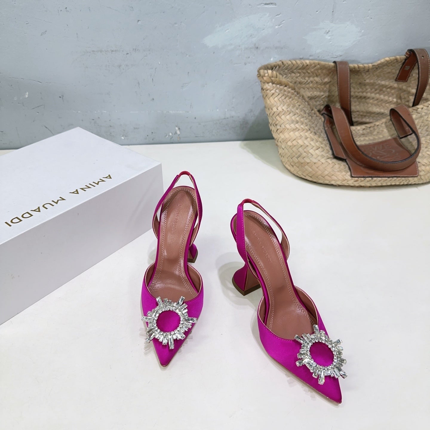 AMINA CRYSTAL 100MM HIGH HEELS IN FUCHSIA PINK SATIN