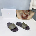 THE ROW 26S STRAP SLIDES IN OLIVE GREEN CALFSKIN