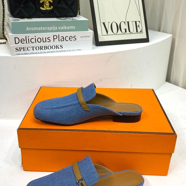 IENA MULE LAPIS CANVAS AND CARAMEL CALFSKIN