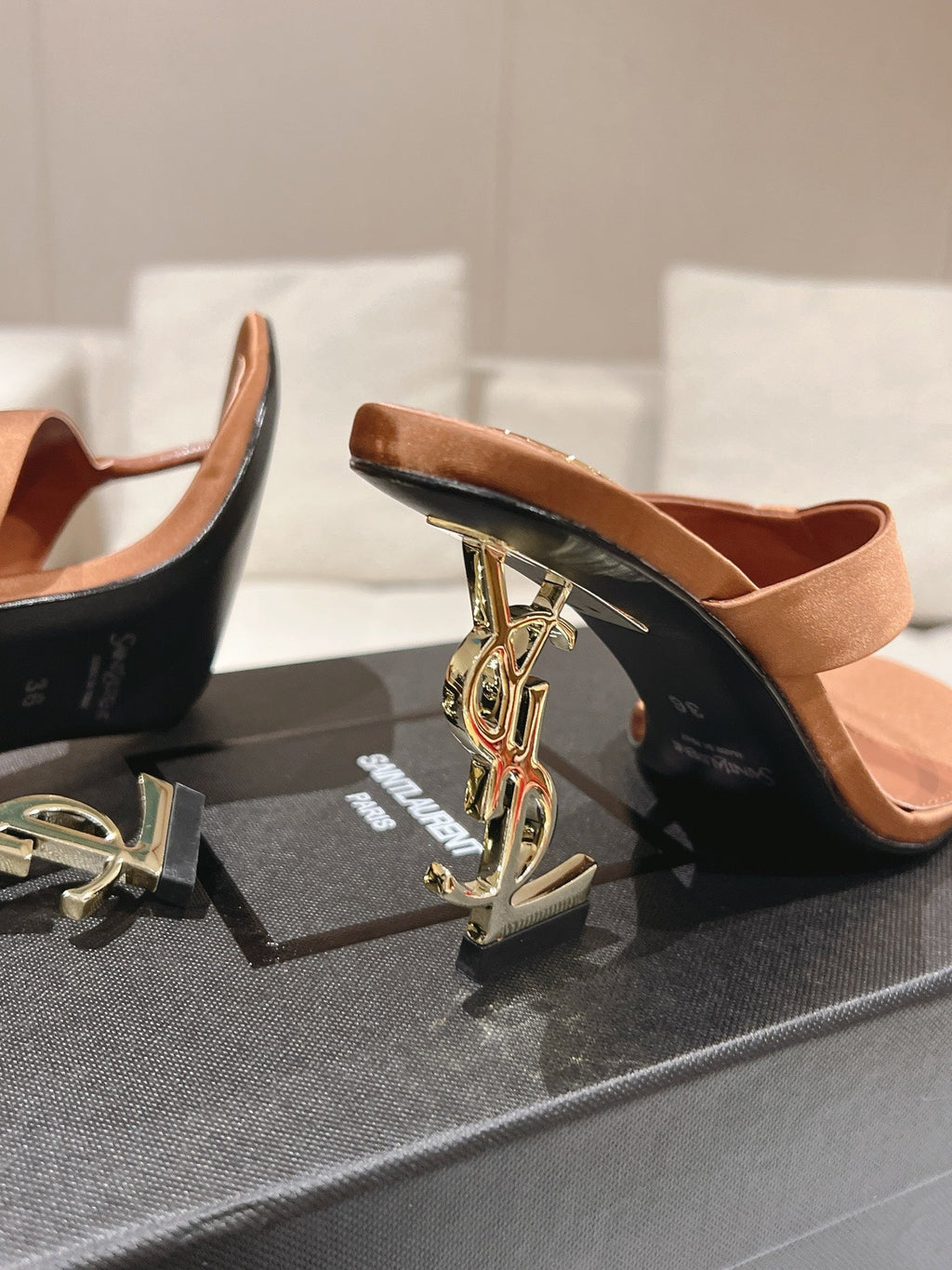 YSL 26S HEELED THONG SANDALS 85 MM IN TAN BROWN SATIN