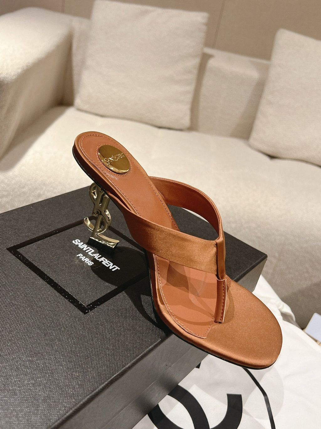 YSL 26S HEELED THONG SANDALS 85 MM IN TAN BROWN SATIN