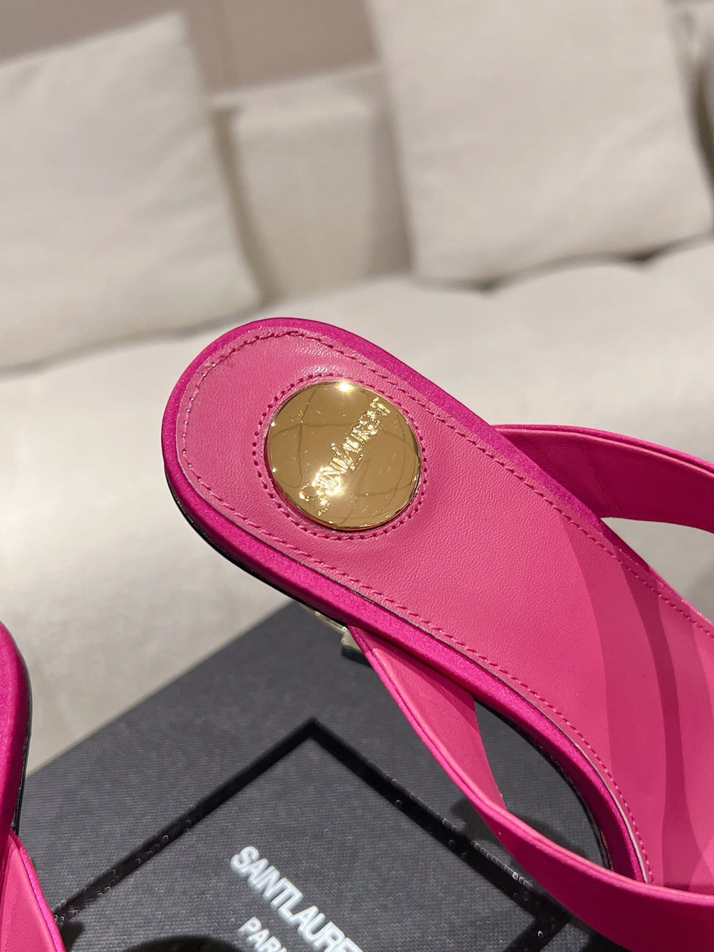 YSL 26S HEELED THONG SANDALS 85 MM IN DARK PINK SATIN