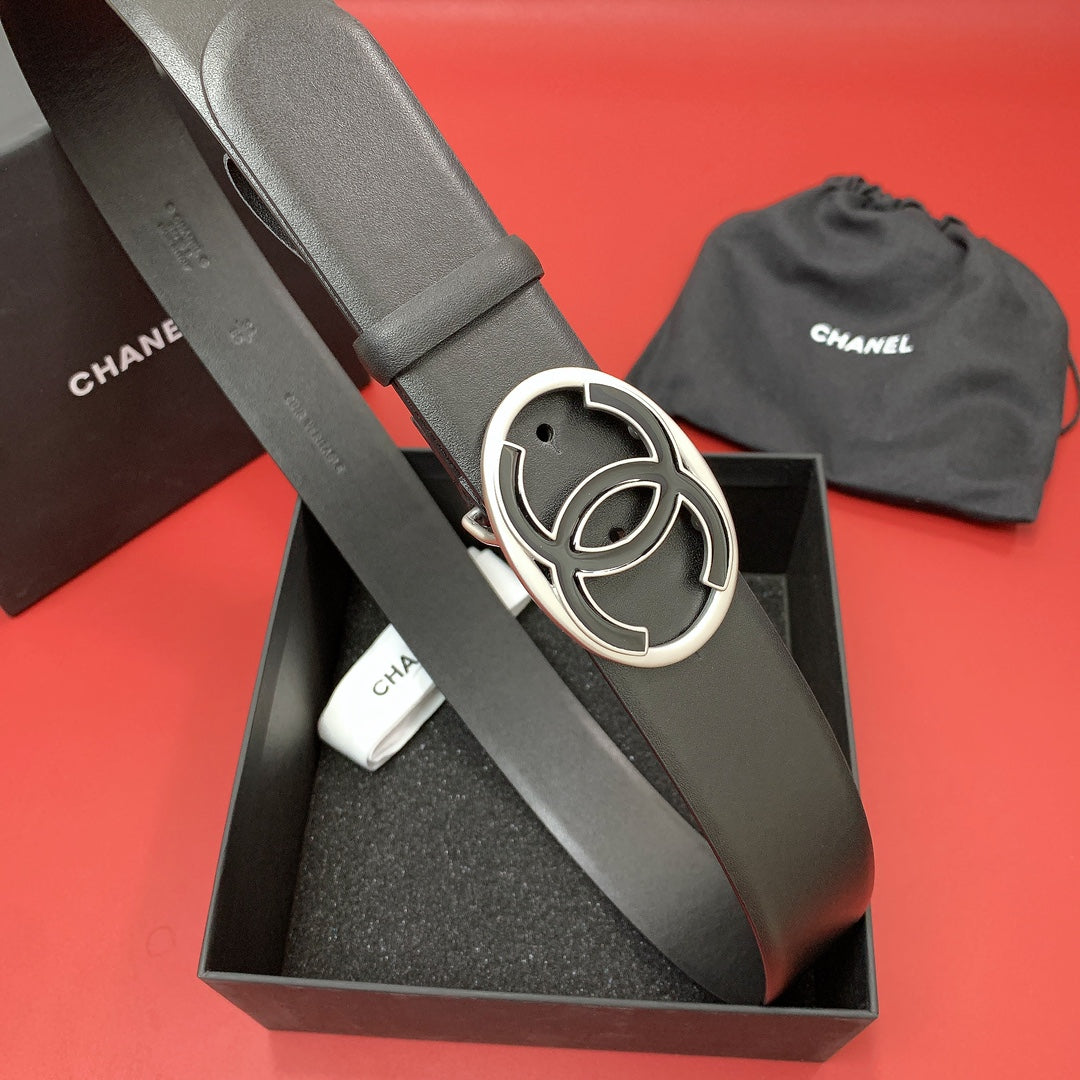 CC 40 MM CIRCLE BUCKLE BELT IN BLACK CALFSKIN WITH SILVER MIX BLACK HARDWARE