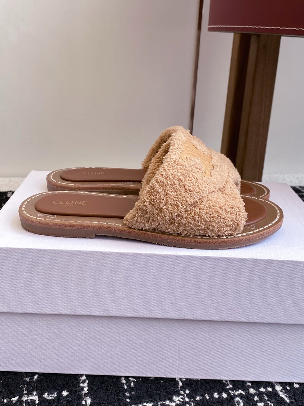CELINE 26S TRIOMPHE FLAT SLIDES IN PEACH BEIGE WOOL