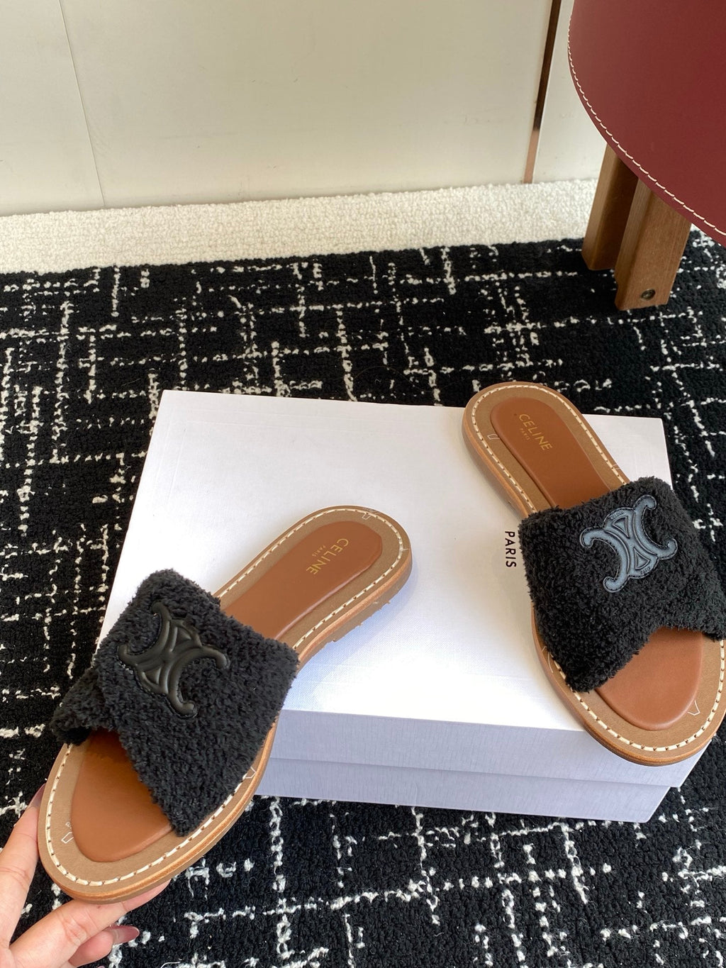 CELINE 26S TRIOMPHE FLAT SLIDES IN BLACK WOOL