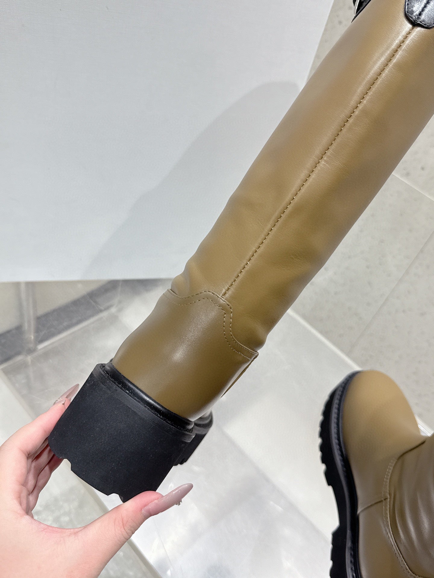 CELINE 26S KNEE-HIGH BOOTS IN OLIVE BROWN AND BLACK CALFSKIN