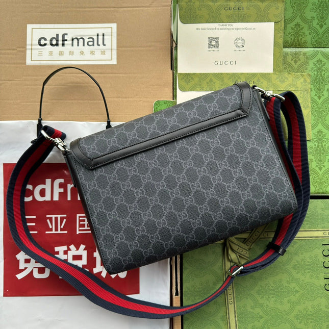 OPHIDIA MEDIUM MESSENGER FLAP BAG 27 IN DARK GREY AND BLACK CALFSKIN