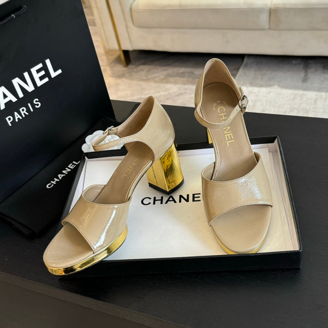 Platform Peep-Toe Sandals Beige Cream Lambskin