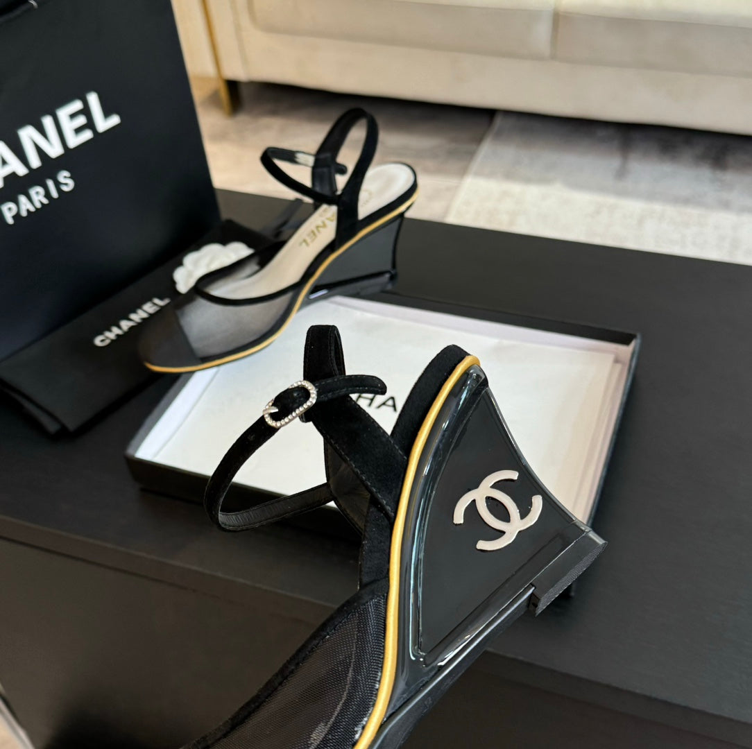 Waterproof Platform High Heels Transparent Heel Mesh  Black