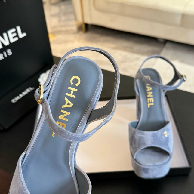 HIGH HEEL PLATFORM SANDALS IN PIGEON BLUE SUEDE