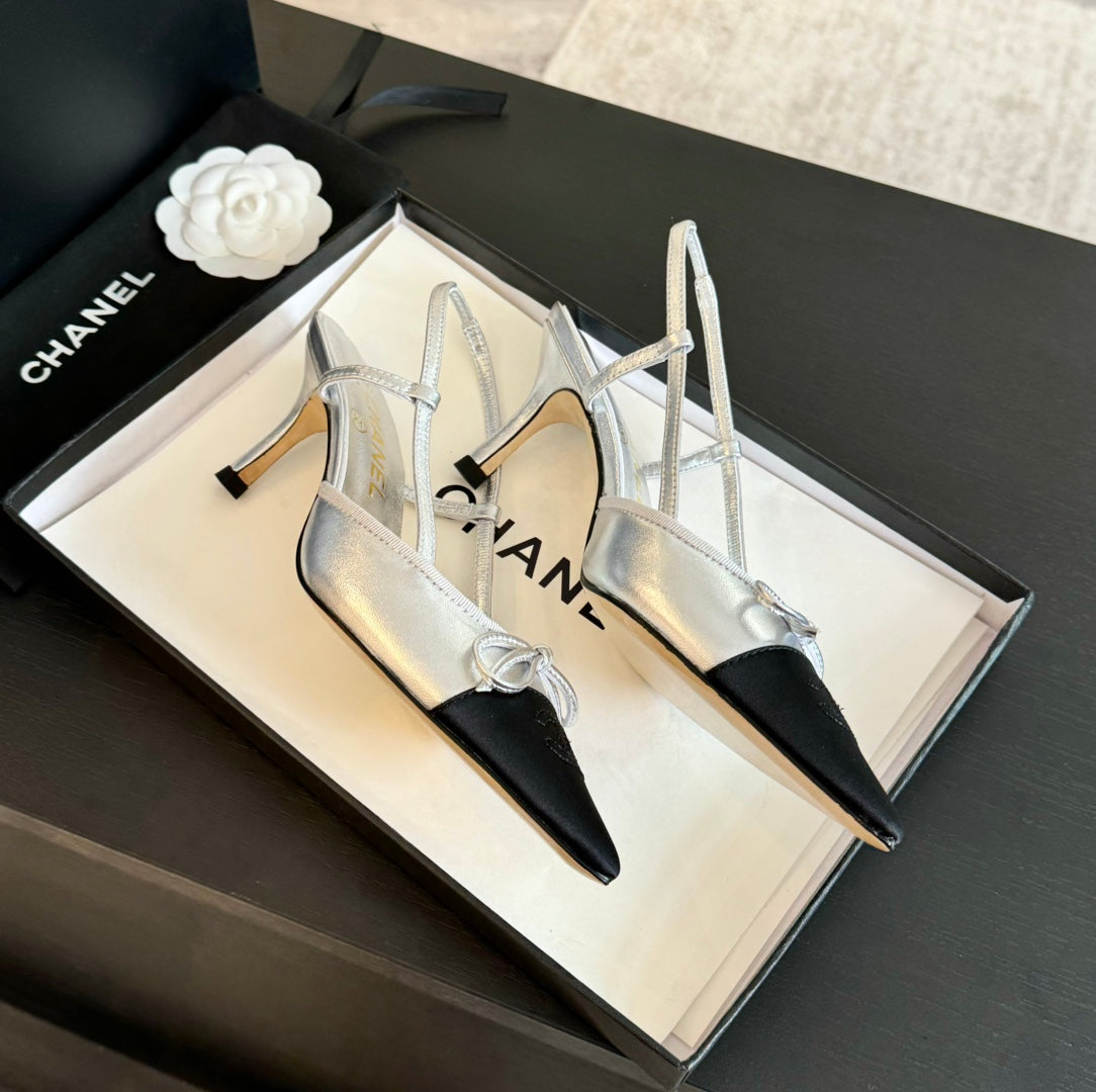 SLINGBACK WITH BOW IN SILVER MIX BLACK LAMBSKIN