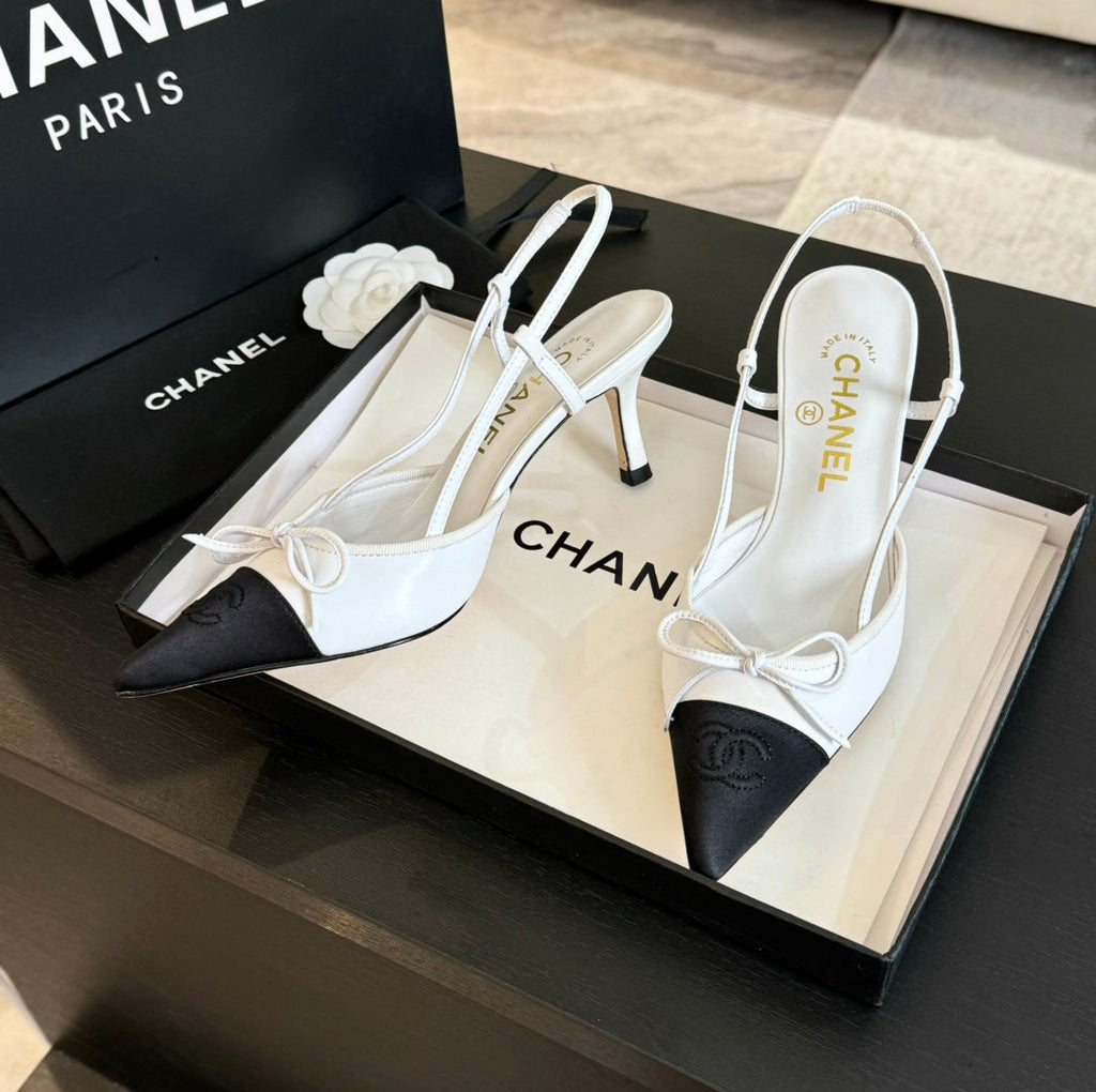 SLINGBACK WITH BOW IN WHITE MIX BLACK LAMBSKIN