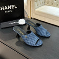 PEEP TOE MULE 85MM IN BLUE DENIM CHECKERED AND LOGO