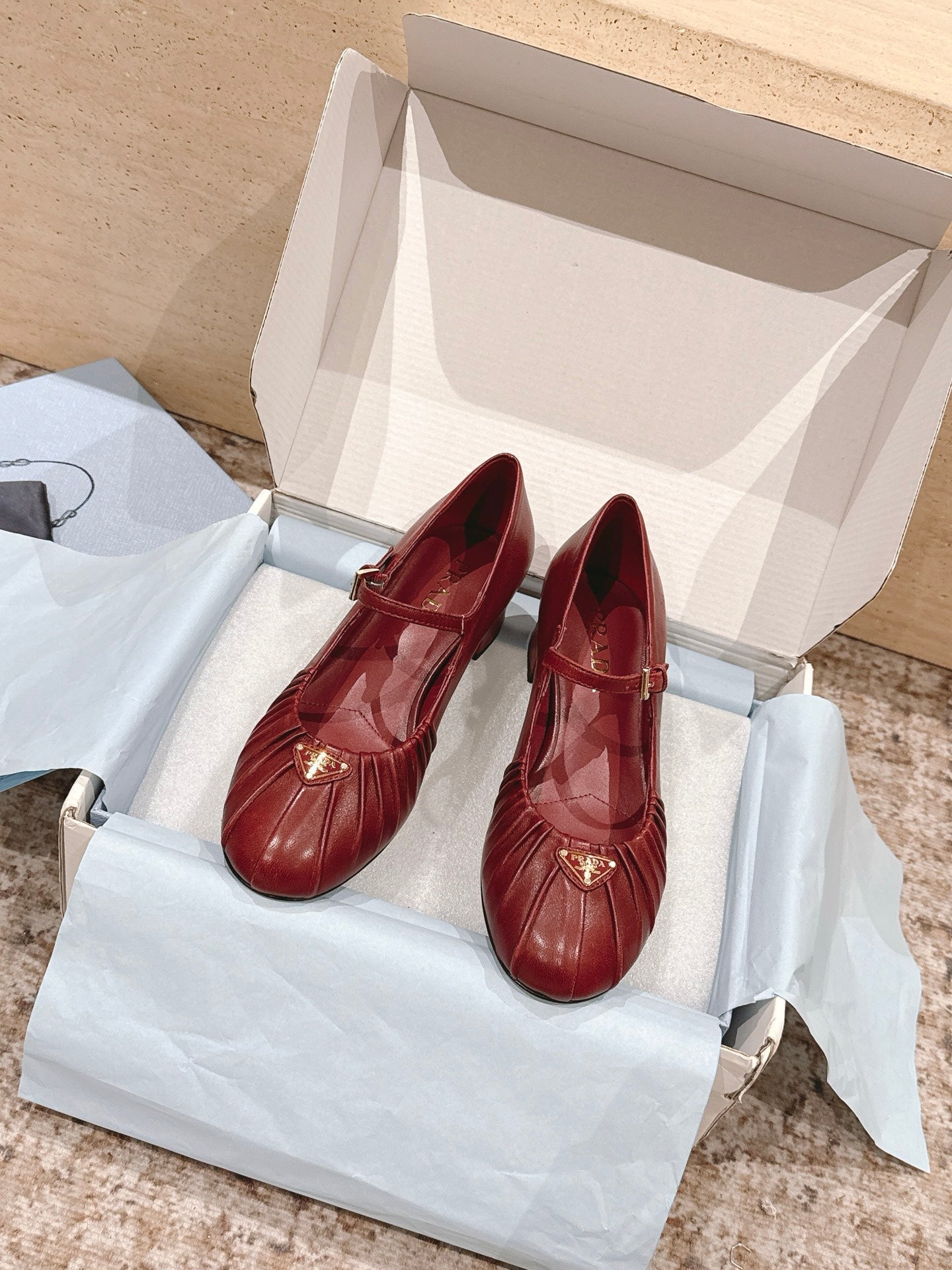 PRADA 26S MARY JANE 40MM IN DARK RED CALFSKIN WITH LOGO