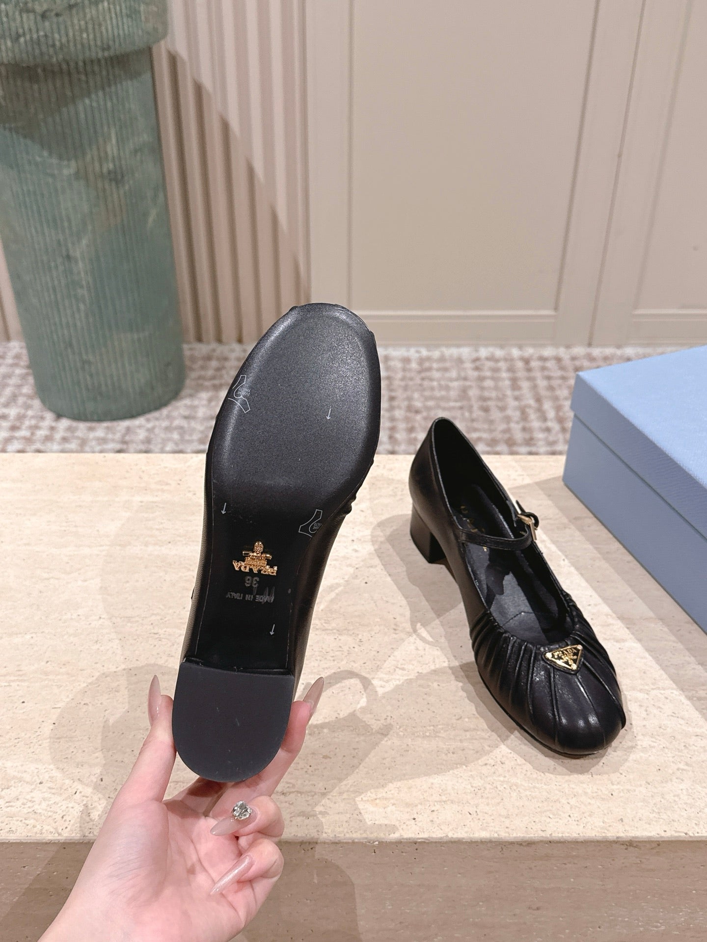PRADA 26S MARY JANE 40MM IN BLACK CALFSKIN WITH LOGO