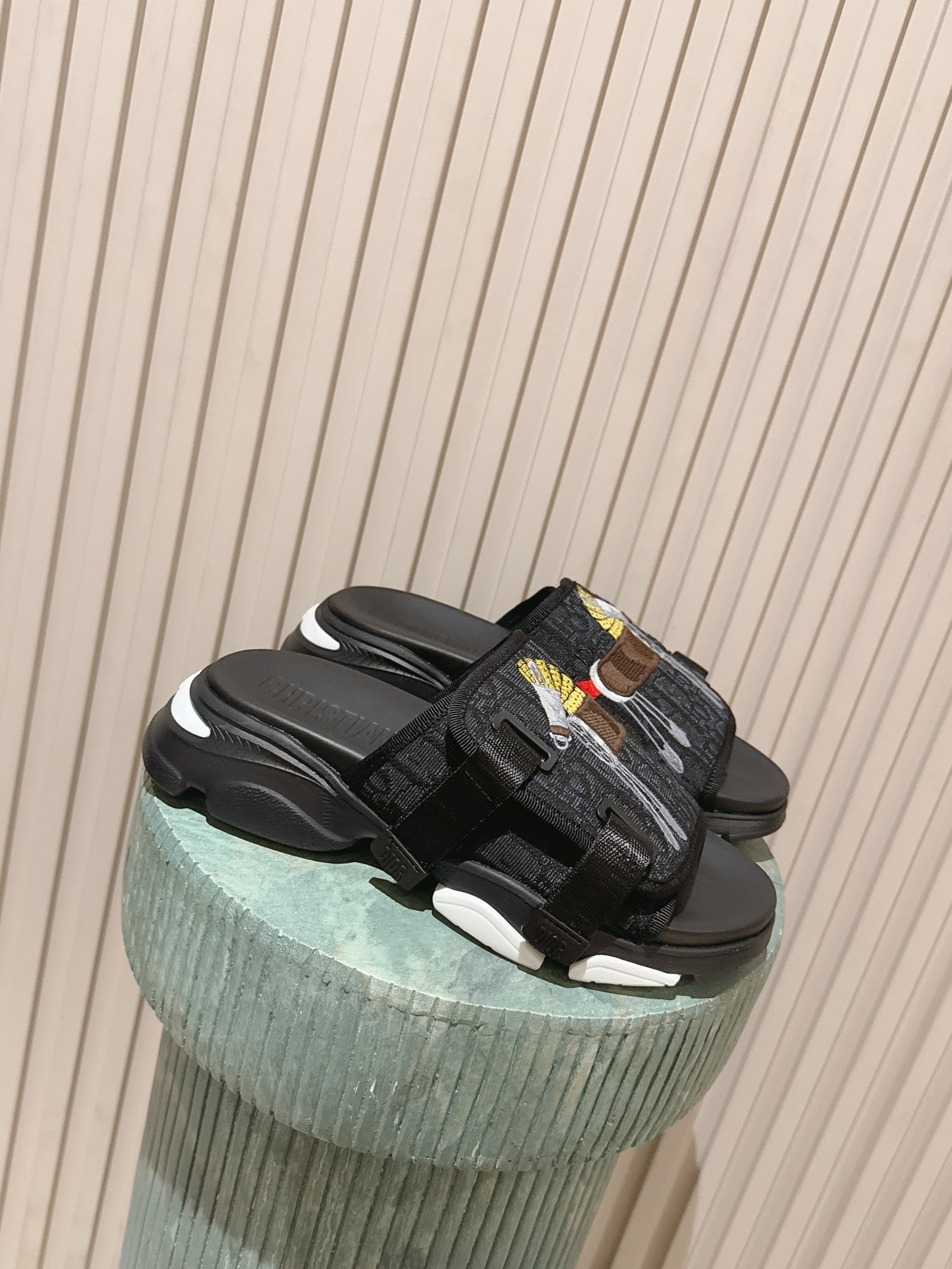 DIOR 26S DOUBLE STRAP SLIDE SANDALS IN BLACK MONOGRAM CANVAS