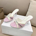 DIOR 26S KITTEN HEEL SLIDE SANDALS 85MM IN PINK MONOGRAM CANVAS CALFSKIN CHAIN STRAP