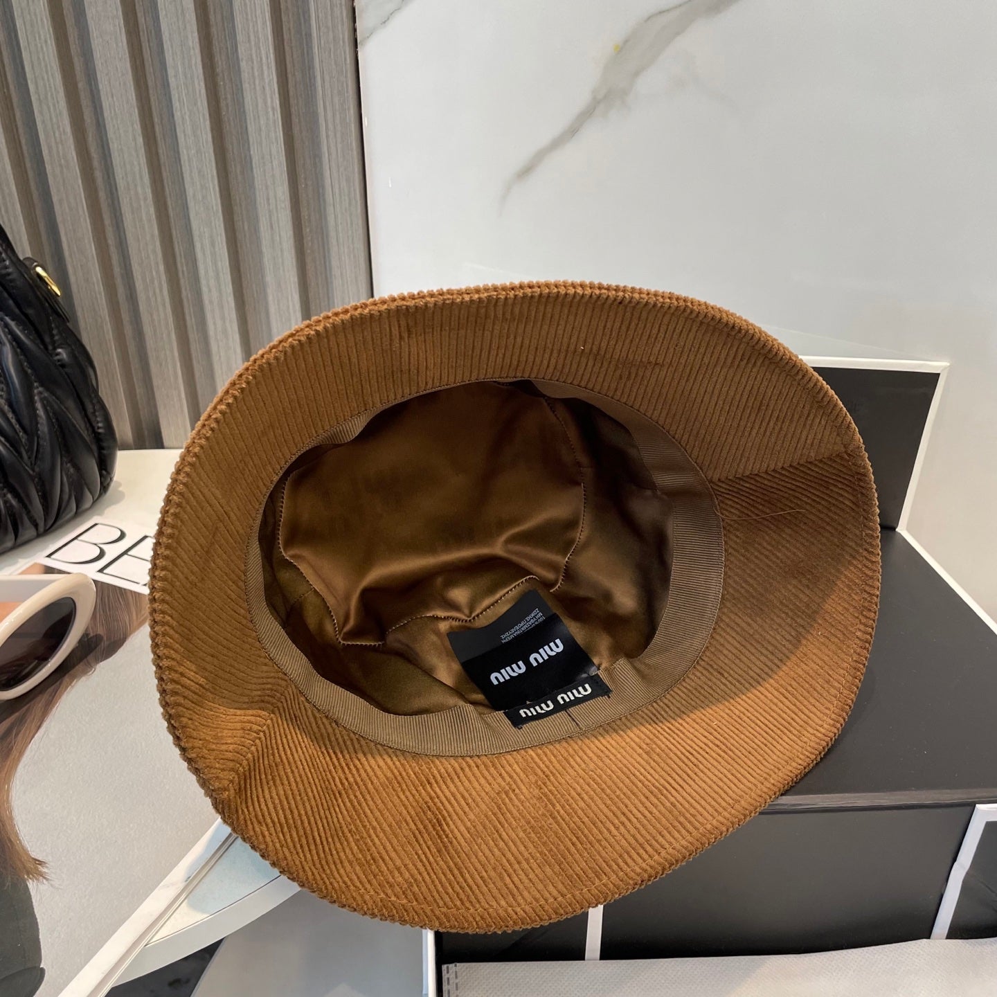 MIUMIU BUCKET IN BURNT ORANGE VELVET WITH LOGO