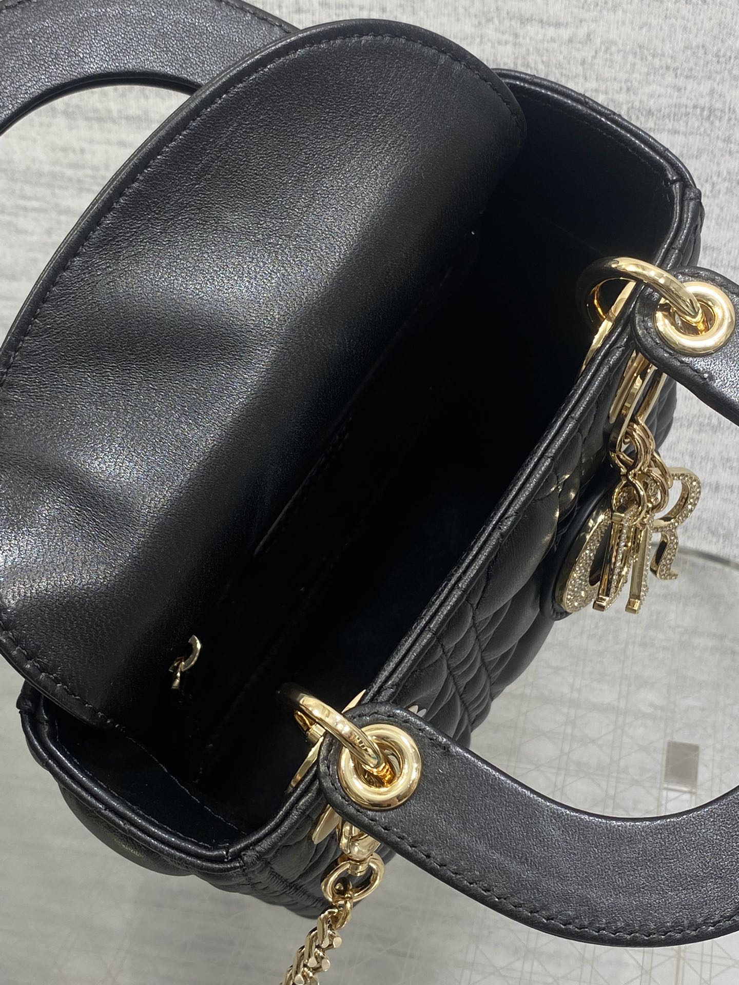 DIOR 25S MINI LADY DIOR BAG 17 IN BLACK CALFSKIN CHARM CRYSTAL EMBELLISHMENTS