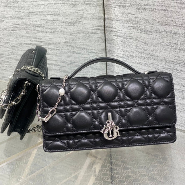 DIOR 25S DIOR TALK PHONE POUCH 21 IN BLACK CANNAGE LAMBSKIN SILVER HARDWARE