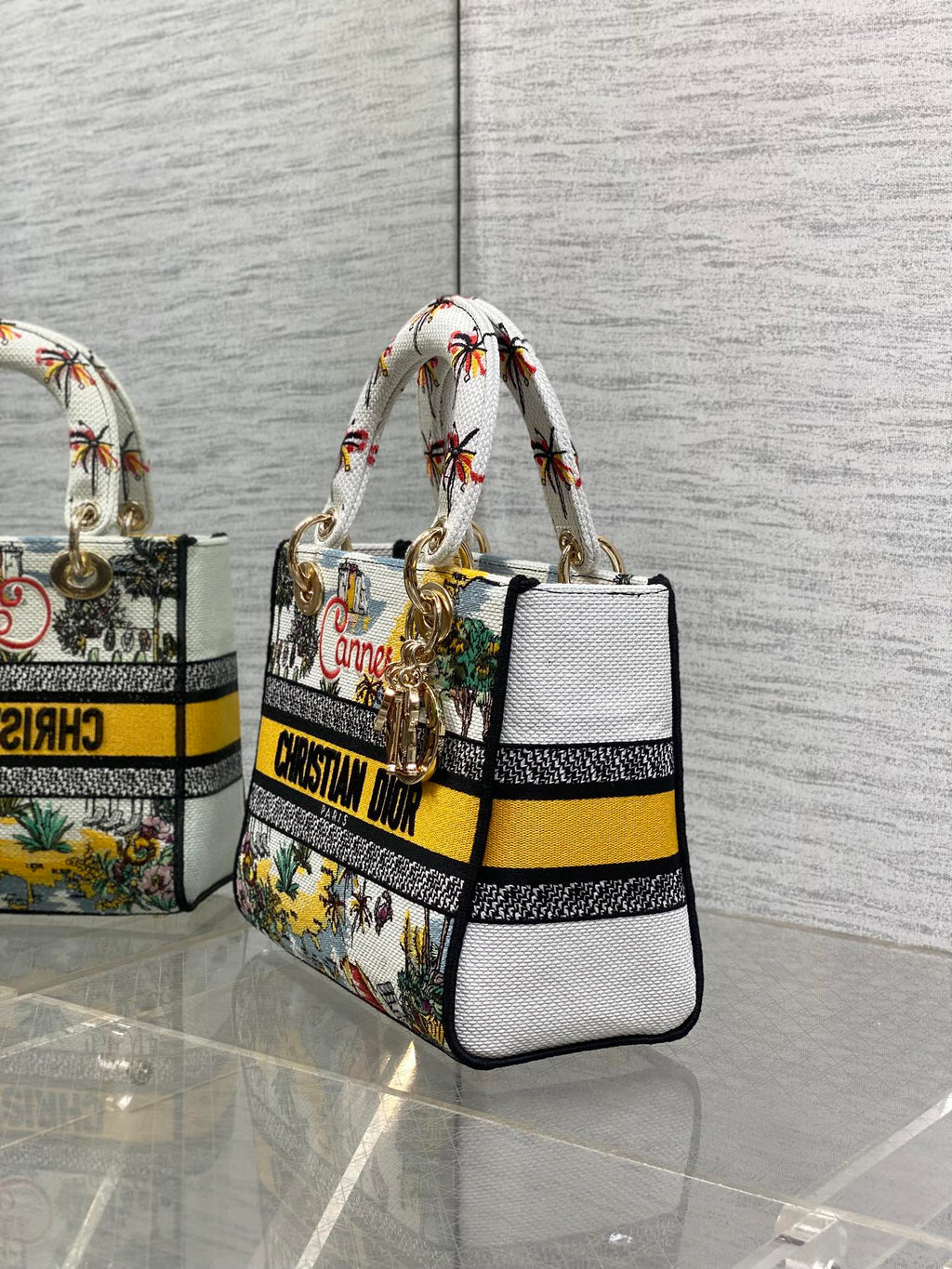 DIOR 25S SMALL LADY D-LITE BAG 24 IN YELLOW CANVAS DIOR CANNES