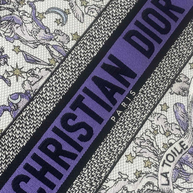 DIOR 25S LUCKY MEDIUM BOOK TOTE 36 IN WHITE AND PURPLE DIOR NIGHT OF DREAMS EMBROIDERY