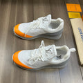 SNEAKERS IN WHITE MESH BREATHABLE FABRIC AND BLUE MIX ORANGE CALFSKIN