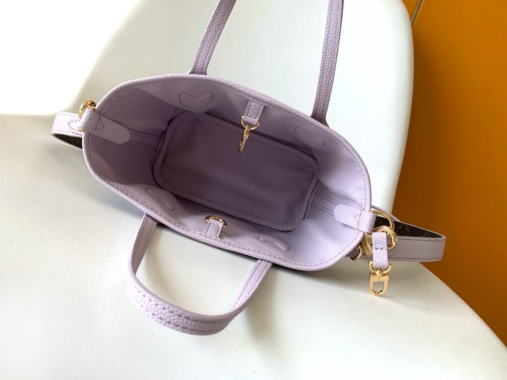 LV 25S NEVERFULL BANDOULIÈRE INSIDE OUT BB 24 IN LIGHT PURPLE AND BROWN CALFSKIN
