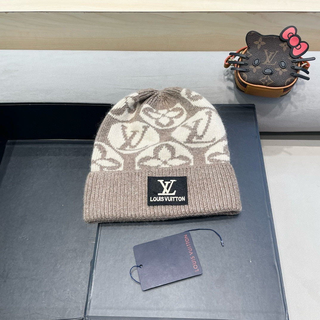 KNITTED BEANIE HAT IN BROWN MIX BEIGE WOOL AND RABBIT FUR 426244