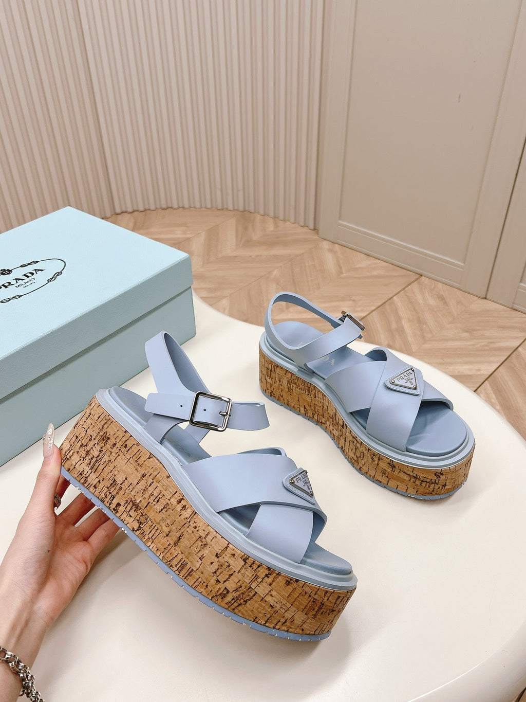 PRA WEDGE PLATFORM SANDALS SAPPHIRE CALFSKIN
