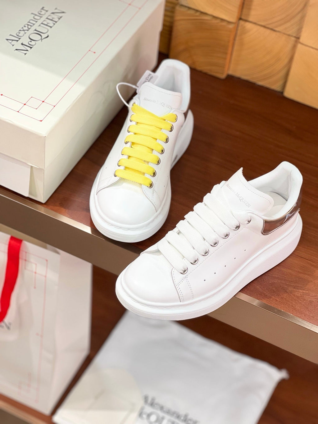 OVERSIZED SNEAKERS IN WHITE CALFSKIN SILVER HEEL TWO-TONE LACES