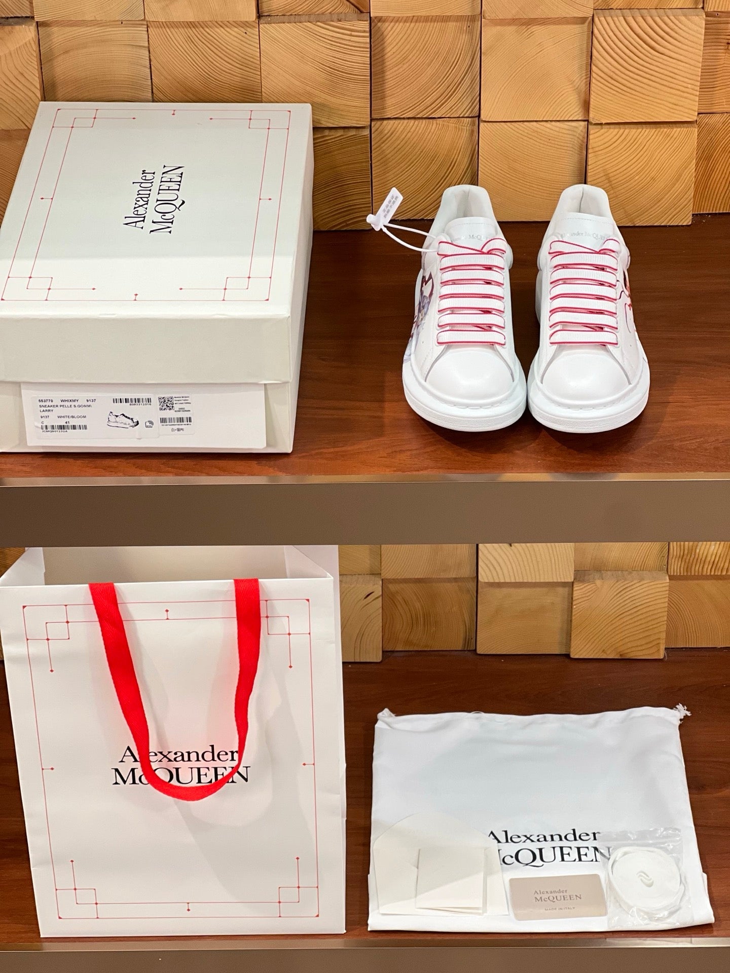 OVERSIZED SNEAKERS IN WHITE CALFSKIN NATRA GRAPHIC RED TRIM LACES