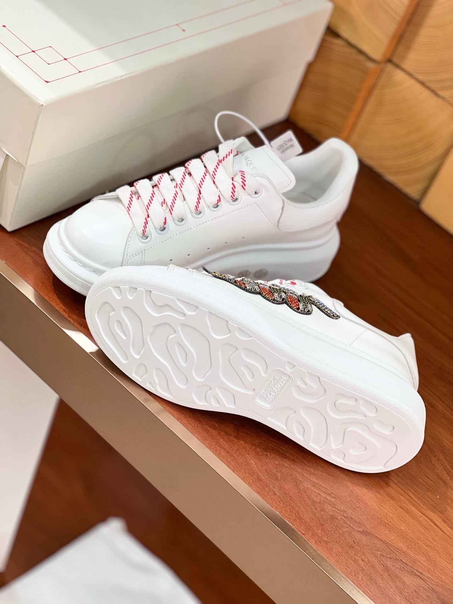 OVERSIZED SNEAKERS IN WHITE CALFSKIN EMBROIDERED CRYSTAL SNAKE