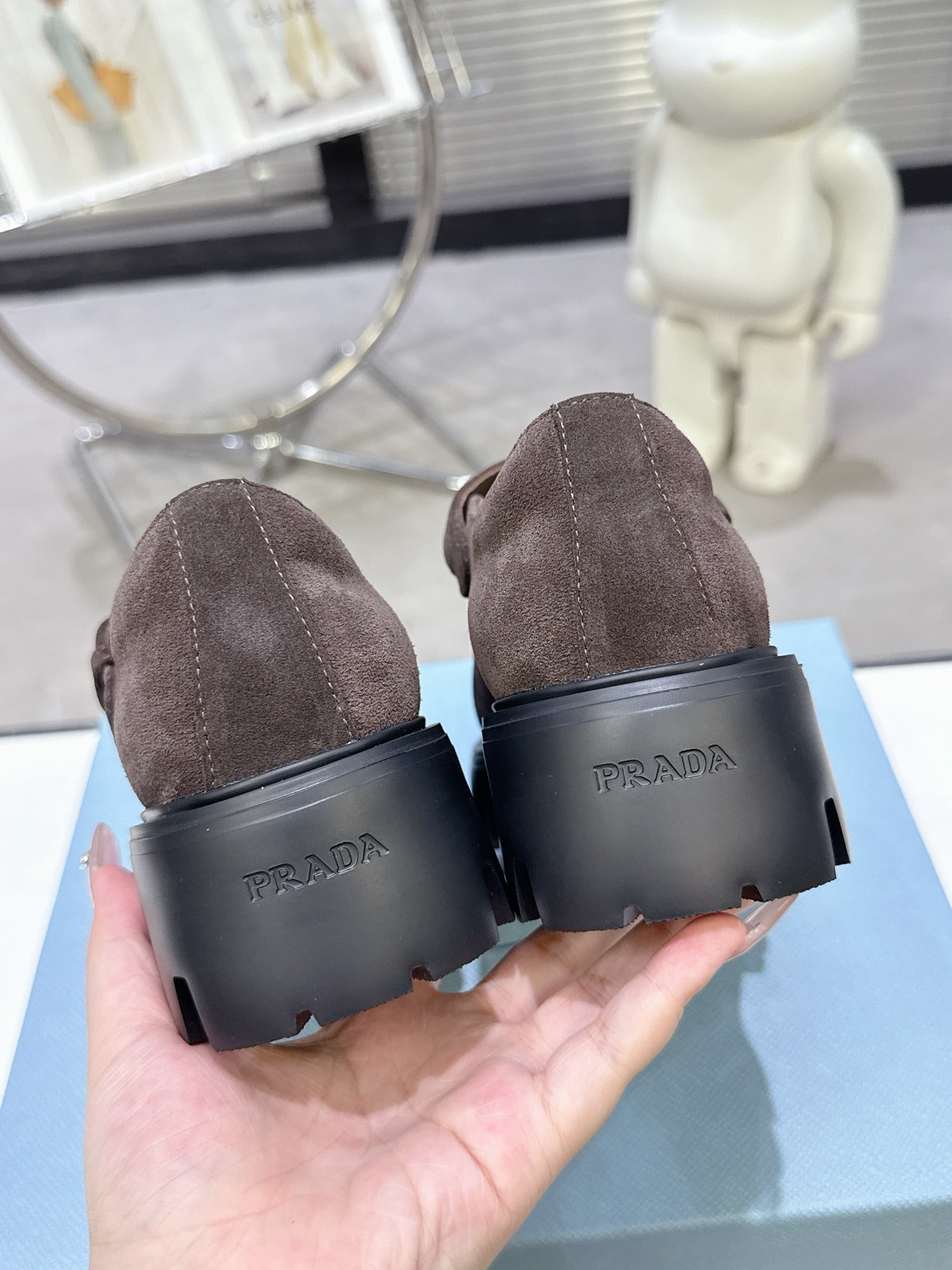 PRADA 25S PLATFORM MARY JANE SHOES IN DARK BROWN SUEDE STYLE 3