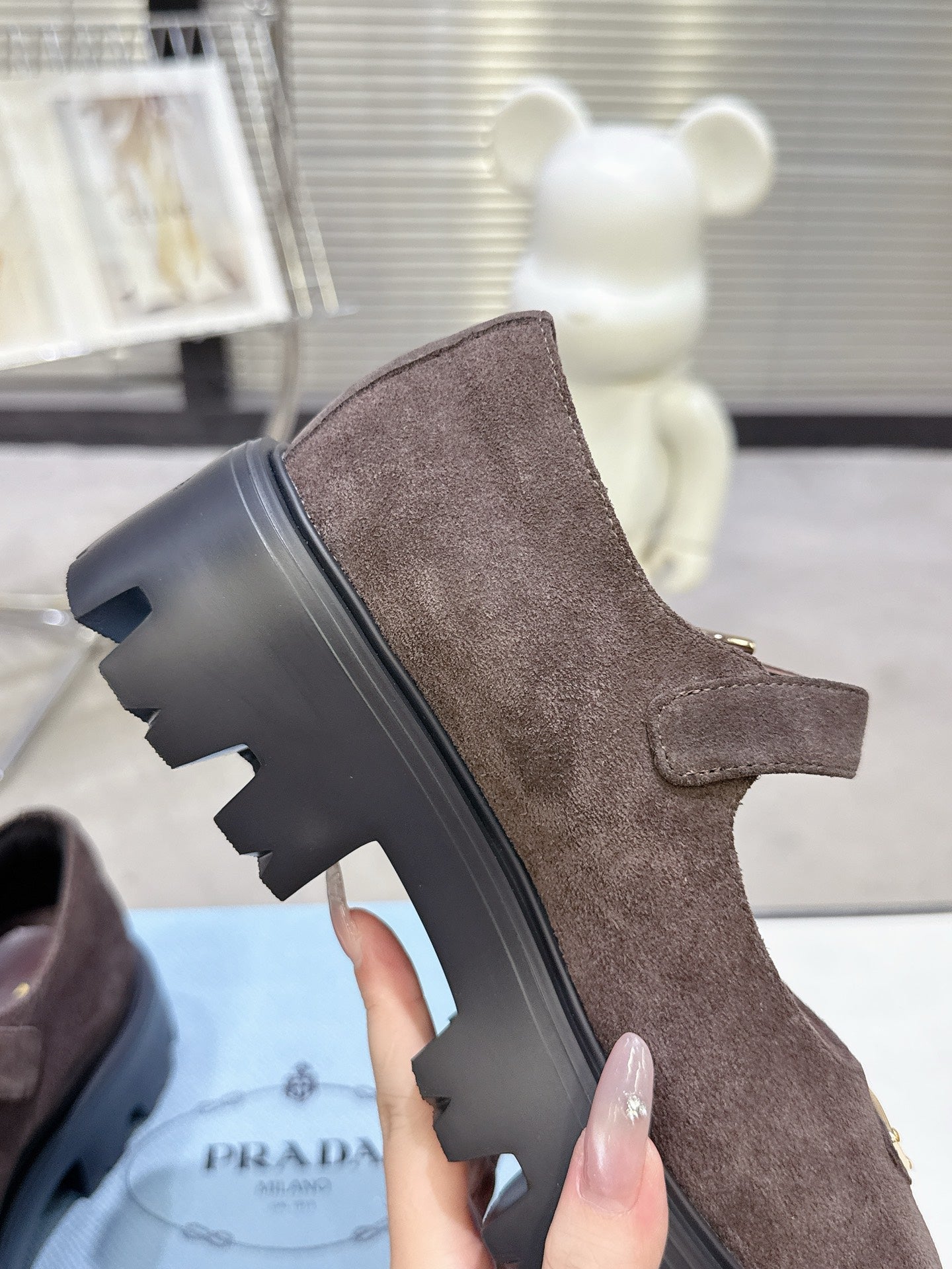 PRADA 25S PLATFORM MARY JANE SHOES IN DARK BROWN SUEDE STYLE 3
