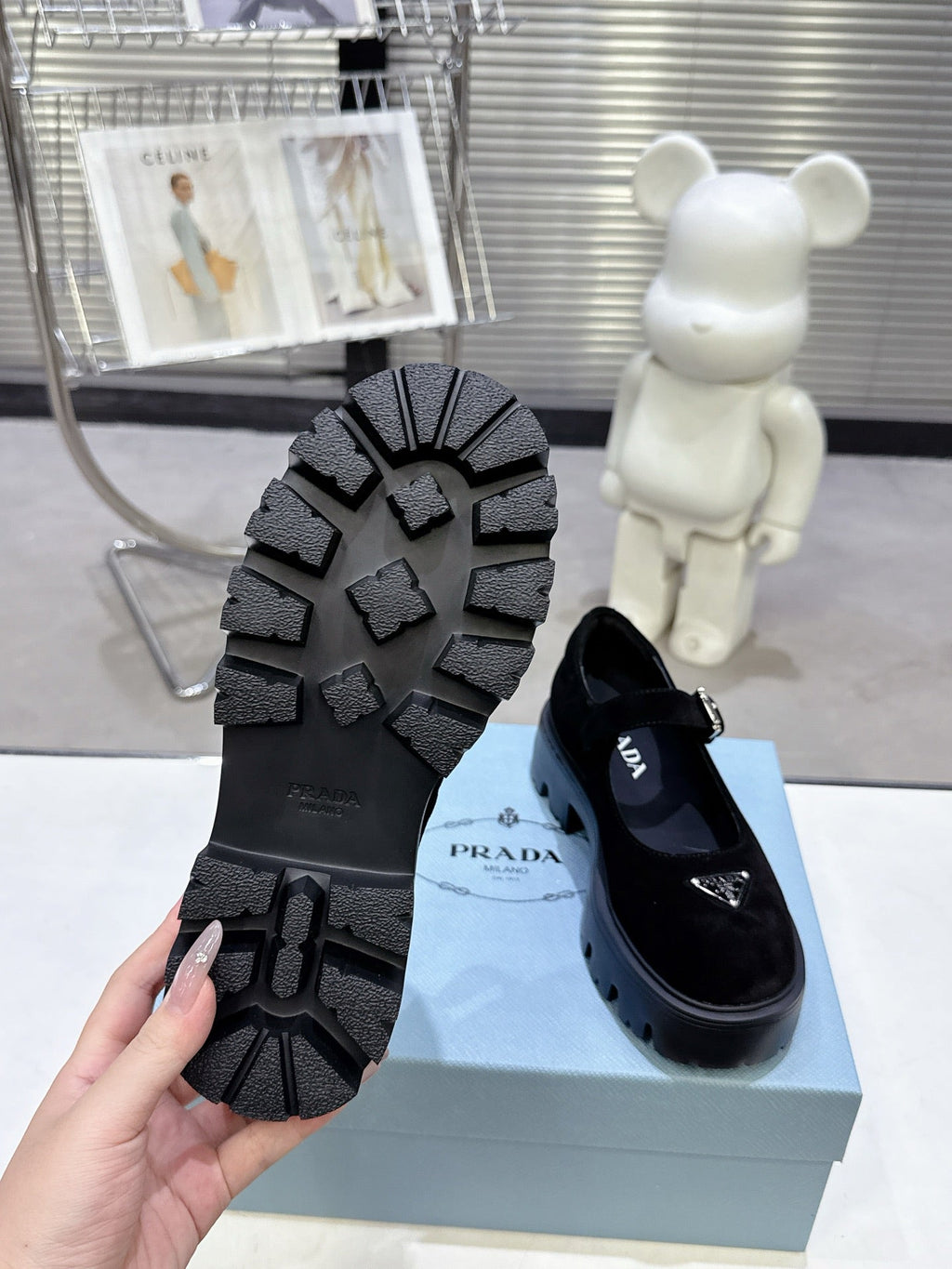 PRADA 25S PLATFORM MARY JANE SHOES IN BLACK SUEDE STYLE 2