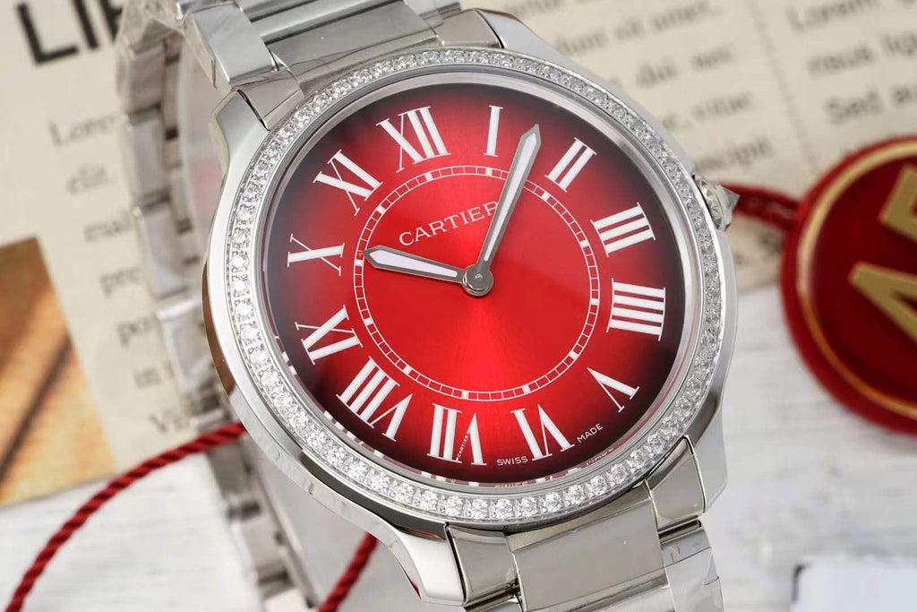 RONDE MUST DE CARTIER WATCH SILVER CASE AND CHERRY RED DIAL WITH CRYSTALS