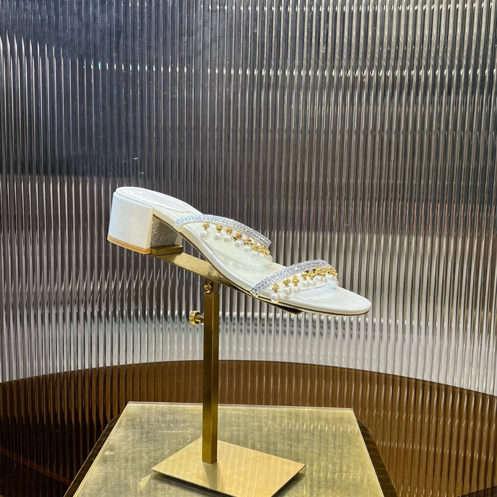 HIGH 45 MM BLOCK HEEL SANDAL IN WHITE GRAINY PEARLIZED LAMBSKIN