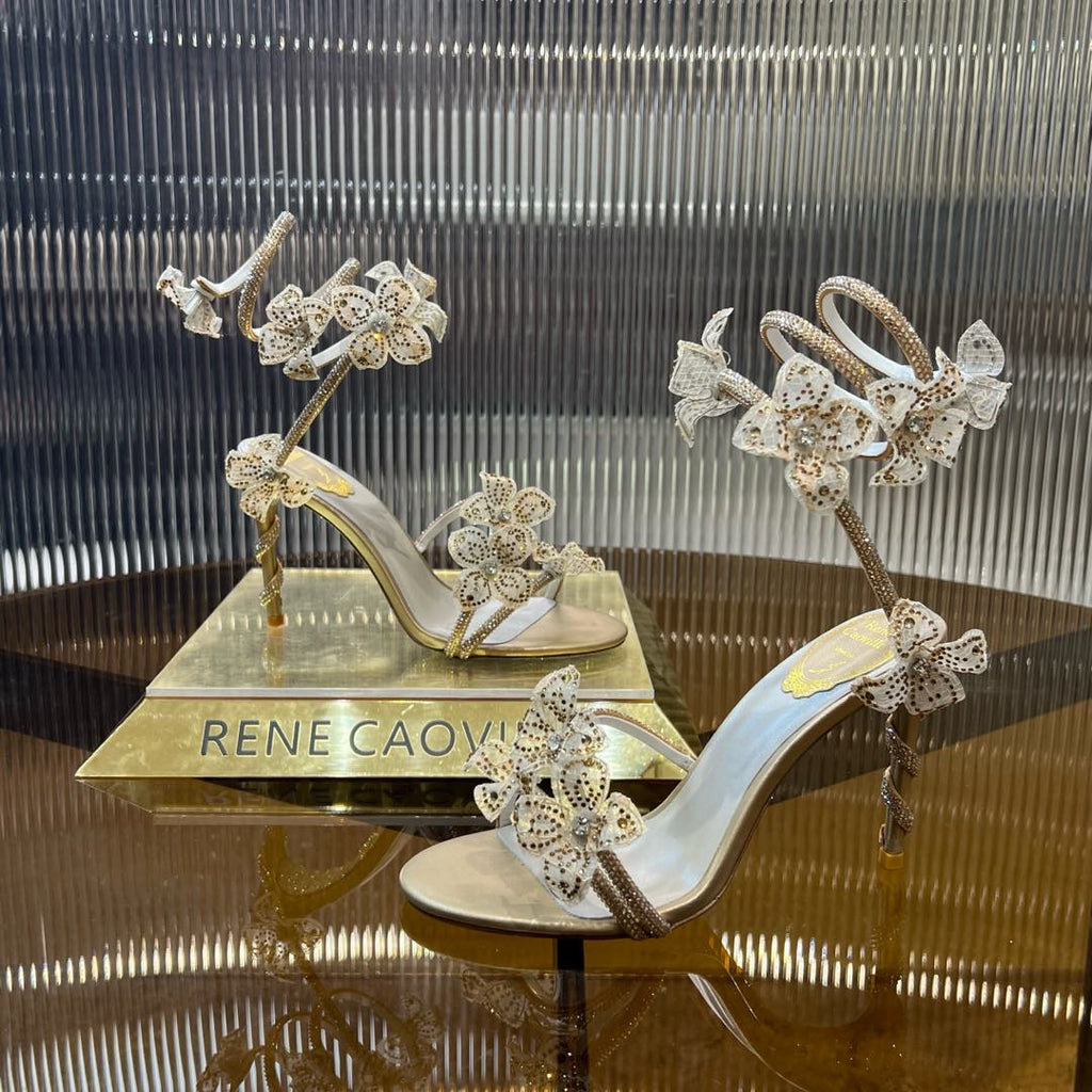 MARGOT WHITE SANDAL WITH FLOWERS 95 MM LIGHT GOLD