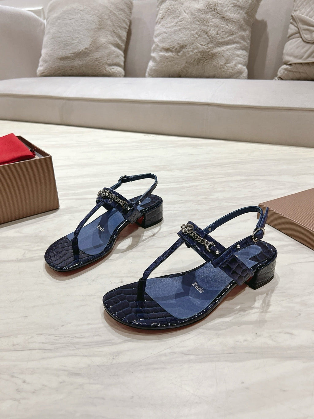THONG SANDALS SLINGBACK 25MM IN SNAKE-EFFECT DARK BLUE CALFSKIN